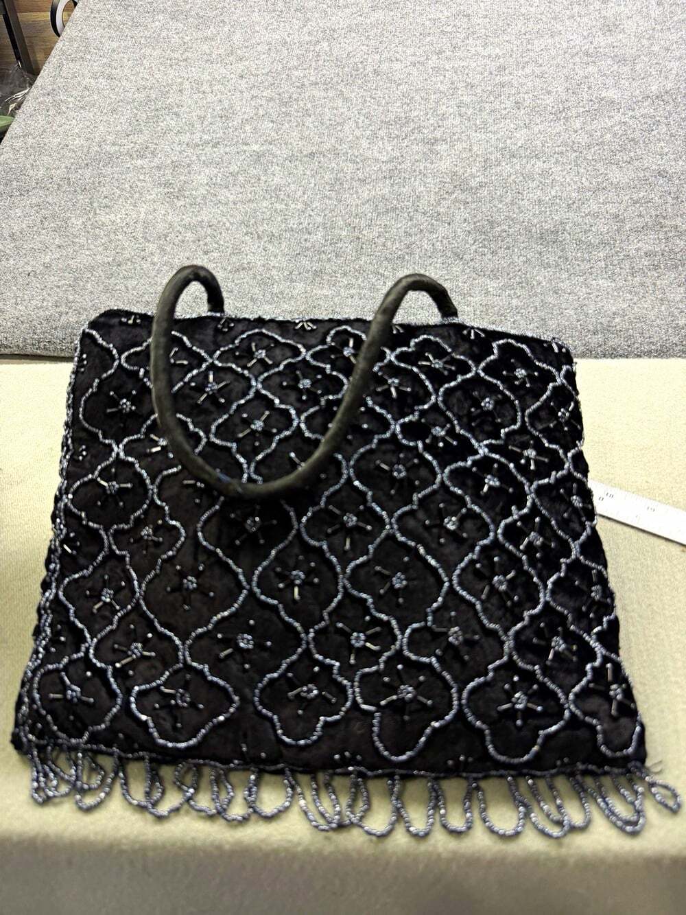 1930s Vintage Black Beaded Evening Bag Newspaper Lining Fringe Cocktail Purse